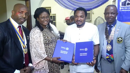 (L-r): Walter Andem, president- 2015-2016) Rotary Club of Mushin Matro, Aderonke Okuneye-Oyeyemi, inductee, Oluwadamilola Oyekenu, inductee and Otunba Onabadejo, the district governor 2015-2016, all Rotarians at the induction ceremony held in Lagos recently.