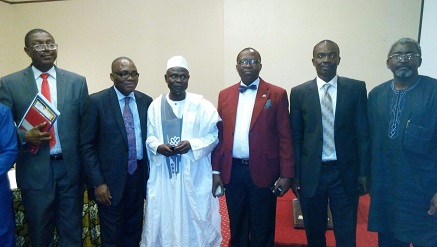 (L-r): Dr David Ogogo, registrar/chief executive officer, Bayo Olugbemi, president/chairman of Council, both from the Institute of Capital Market Registrars, Mallam Ibrahim Mori-Baba, the out-going postmaster general of the Federation (NIPOST), Dr. Michael Umo, general manager, Bulk Post Ventures (NIPOST), Okey Uba, CEO, Ebony Express Limited and Guest Lecturer and Nornah Awoh, guest lecture, during Bulk Post’s Customer Forum 2015 held in Lagos on Monday.