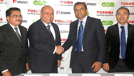 (L-r):‎ Ashok Kadadi, general manager, Satnam Investment Nig Ltd; Anil Chandirani, president; Pradeep Kumar, AGM, head of business, Toshiba Gulf and Ahmed Ikram, senior manager, Marketing, Toshiba, Singapore at the Toshiba E-Studio product launch in Lagos.