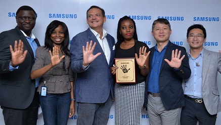 (L-r): Olumide Ojo, head of Business Development, Samsung Electronics West Africa; Ms Olajumoke Okikiolu, head, Product Marketing, Information Technology and Mobile, Samsung Electronics West Africa; Emmanouil Revmatas, director, Information Technology and Mobile, Samsung Electronics West Africa; Ms Ifeyinwa Obienu, winner, Samsung Picture Your Dream competition; Brovo Kim, managing director, Samsung Electronics West Africa, and Hung-Bae Kim, business manager, Information Technology and Mobile,Samsun