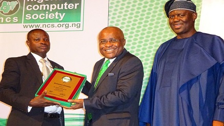 L-r): Professor Adesola Aderounmu, president of Nigeria Computer Society (NCS); Chijioke Eke, chairman and co-founder, Sidmach Technologies Nigeria Limited and Sir Demola Aladekomo, former NCS president, during the conferment of NCS Professional Fellowship on Eke and others at NITMA 2015 held in Lagos, recently.