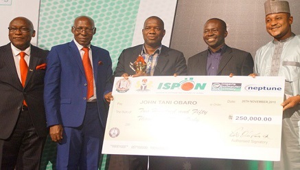 (L-r): Etim Amana, managing director, MIS Group; Chris Uwaje, immediate past president of Institute of Software Practitioners of Nigeria [ISPON]; Michael Igietseme, head, Product Development, Neptune Software Group; Deremi Atanda, executive director, Systemspecs, who represented John Obaro, winner of Simeon Agu Prize for Best Software Entrepreneur of the Year and Nasir Zarummai, commissioner of Science and Technology, Sokoto State during the National Information Technology Merit Awards 2015 at Muson centre