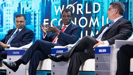 L-R: Mr. Natarajan Chandrasekaran, CEO, Tata Consultancy Services, Mr. Austin Okere, Founder and Executive Vice-Chairman, CWG Plc and Mr. Rich Lesser, CEO, Boston Consulting Group, speaking on the role of Science, Technology, Engineering and Math (STEM) education and Computer Science on future employment trends, at the World Economic Forum meeting in Davos.