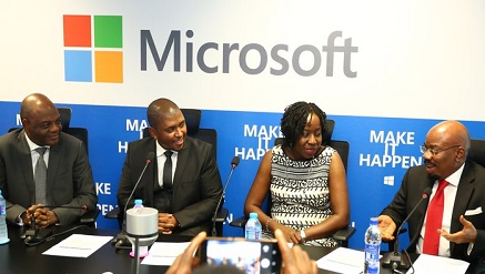 ‎(L-r):  ARC.  Sonny Echono, permanent secretary, Ministry of Communications; Kabelo Makwane, managing director, Microsoft Nigeria;Funke Opeke, Chief Executive Officer, Mainone Cable Company Nigeria Ltd and Jim Ovia, Chairman, Zenith Bank at a Media Briefing held today in celebration of the New Microsoft Office at the Iconic Civic Towers, Victoria Island, Lagos.