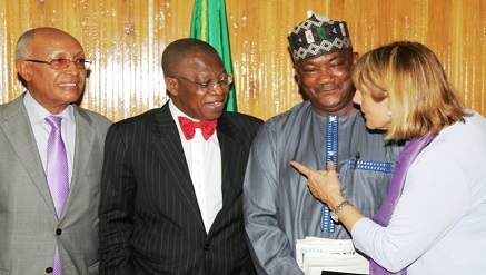 L-r: Director, Africa Division of the Voice of America, Mr. Negussie Mengesha, Minister of Information and Culture, Alhaji Lai Mohammed, Managing Editor of the VOA Hausa Service, Aliyu Mustapha Sokoto and the Director, Development and International Media Training, Joan Mower during a visit by a delegation from the VOA to the  minister in Abuja on Tuesday.