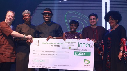 (L-r): Francesco Angelone, chief marketing officer, Etisalat Nigeria; , Junaid Dikko, member, Board of Directors, Etisalat Nigeria; Tony Kan, chair of Judging Panel for Flash Fiction category; Kuti Ojuolape Modupe, winner, 2015 Etisalat Prize for Literature, Flash Fiction category; Matthew Willsher, chief executive officer, Etisalat Nigeria, and Isabella Okagbue Matron, Etisalat Prize for Literature, with the cheque of 1,000 BP presented to Kuti at the Awards Ceremony of the 2015 Etisalat Prize for Literat