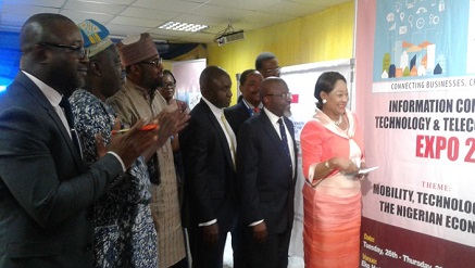 *Dr. (Mrs) Nike Akande, President of LCCI (r) flanked by other dignitaries at the unveiling of ICTEL 2016 theme