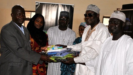 (L-r): Jika Richards, head teacher, Community Primary School, Demsa, receiving some of the Back-to-School Kits donated by Etisalat Nigeria to primary schools in Adamawa State from Rahima Aminu, Manager, Special Projects, Abuja Global Shapers Community; Mohammed Suley-Yusuf, Head, Government and Community Relations, Etisalat Nigeria; Hajiya Dije Balla, Proprietress Nadi Group of Schools, Chief Medan Teneke, former Commissioner for Special Duties, Adamawa State and Idris Issa Inuwa from LG Admin, Yola South