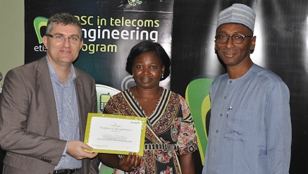 (L-r): Stephane Beuvelet, chief technical officer, Etisalat Nigeria; Intern, Unachukwu Josephine, Etisalat Telecommunication Engineering Postgraduate Programme (ETEPP) ;‎ Ibrahim Dikko Vice President, Regulatory and Corporate Affairs, Etisalat Nigeria, at the closing ceremony of the Etisalat Telecommunication Engineering Postgraduate Programme (ETEPP) Internship for postgraduate students of ABU, held in Abuja recently.