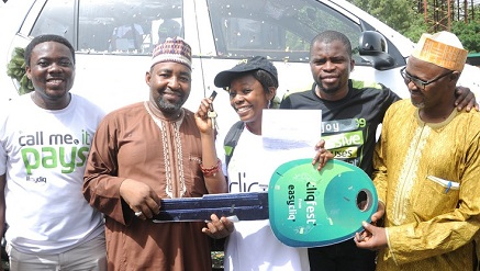 Michael Nwoseh, Specialist, Youth Segment, Etisalat Nigeria; Prof. M.S Shehu, Dean, Student Affairs, Ahmadu Bello University; Josiah Blessing, Winner of Cliqfest star prize, a Hyundai i10; Debo Agun, Manager, Consumer Segment, Etisalat Nigeria, and Nasir Bambale, staff Officer, ABU, presenting the car keys to the winner during Cliqfest campus  tour of Ahmadu Bello University, Zaria recently.