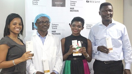 (L-r): Uchechi Onuoha, digital marketing executive; Daniel Anim-Appiah, operations manager; Fehintola Fatuase, public relations officer, and Richard Esiobo, sales manager, all staff of Recare Limited during the launch of five products by the company during the week.