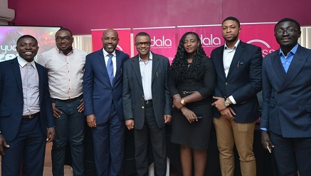 (L-r): Gideon Ayogu, head, Corporate Communications; Afam Anyika, marketing communications manager; Stanley Uzoechina, vice president, Business Development; Dave Ibelegbu, chief executive officer; Ronke Atoyebi, head, Offline Retail; Prince Nnamdi Ekeh, founder/Vice President, Online,  all of Yudala and Tolulope Toluwase of New Concept Media Group (NCMG) at the World Press Conference held at Yudala Headquarters to unveil details of a multi-city digital entertainment concert tagged Yudala Zero Gravity…on We