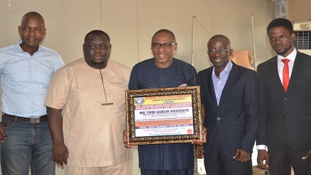 (L-r): Tola Odusote, senior group head, Reignite Public Affairs; Hon. Mensah Fred, speaker of rhe Ecowas Youth Parliament, Ghana; Yomi Badejo -Okusanya, MD/CEO, CMC Connect Burson Marsteller; Raheem Olabode, ED, CMC Connect Burson Marsteller, andHon. Varney Maxwell, deputy Sspeaker, Ecowas Youth Parliament, Liberia, during the Ecowas Youth Parliament Award Presentation to Yomi Badejo -Okusanya, held in Lagos, recently.