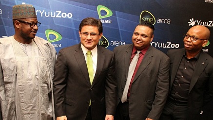 (L-r): Dr. Dikko Umaru Radda, DG/CEO, SMEDAN; Matthew Willsher, CEO of Etisalat Nigeria; Mohan Das, head, Global Business Operations, YuuZoo Corporation, and Uzoma Dozie, group managing director, Diamond Bank Plc, reliving a moment during the launch of SME Arena by Etisalat Nigeria in partnership with YuuZoo Corporation.