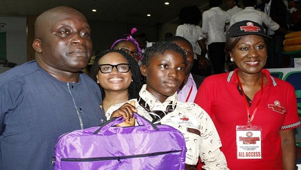 (R-l): Nimi Akinkugbe, Founder/CEO, Bestman Game Ltd; Elizabeth Braimoh, winner and student of Topfield College, Apapa; Fifemayo Aiyesimoju, Brand Marketing Manager and Uche Nwagboso, Public Relations and Communication, OLX, during the presentation of prizes to the winners of Lagos Monopoly Under 17 Championship at the Teslim Balogun Stadium, Surulere in Lagos, recently.