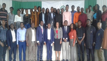 Akachi Nwoke, chief executive officer of Emerald TV (6th from left on front roll); Oyidiya Oyika Alfred, MD, New Global Access Partners (N-Gap) (7th) flanked by other speakers and participants during the launch of project one million jobs at event held at National Library of Nigeria (NLN), Lagos on Tuesday.
