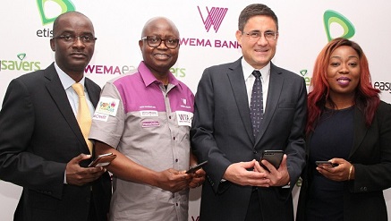 (L-r): Otuyemi Otule, Chief Product and Information Officer, Etisalat Nigeria; Segun Oloketuyi, Managing Director and Chief Executive Officer, Wema Bank Plc; Matthew Willsher, Chief Executive Officer, Etisalat Nigeria, and Adia Sowho, Director, Digital Business, Etisalat Nigeria, at the unveiling of WemaEasySavers Account by the companies in Lagos on Thursday .