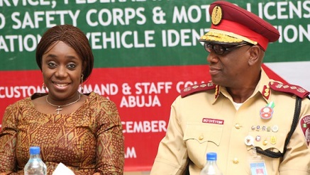 l-r; Minister of Finance, Mrs Kemi Adeosun, with Corps Marshal, Federal Roads Safety Corps, Mr. Boboye Oyeyemi, at the workshop.
