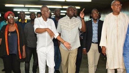 Gov. Akinwunmi Ambode of Lagos State and Alhaji Lai Mohammed, minister of Information and Culture, leading other guests at the inspection of the National Theatre in Lagos at the weekend.