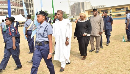 (L-r): Alhaji Sadiku Abdulkadir Rafindadi, director of Commercial and Business Development; Hajia Salamatu B. Umar-Eluma, director of Human Resources, & Mr. J. J. Omaghomi, director of Security Services, during the inspection of Guard at FAAN Staff School Ikeja, at the weekend.