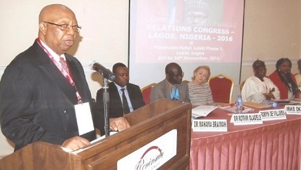 (L-r):  Mike Okereke, president BEEC Group; DR Mahama Braimah, BEEC Consultant, Ghana; Dr Rotimi Oladele, President, Nigerian Institute of Public Relations; Robyn De Villers, Chairman and C.E.O Burson Marsteller, Africa South Africa; Alhaji Lai Mohammed, Hon Minster of Information & Culture Nigeria and Claudine Moore, Award Winning Public Relations Consultant, USA.