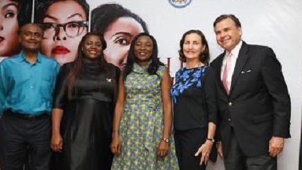 Two of the Tech Women fellows, Carolyn Seaman and Damilola Anwo-Ade pose with CPAO Aruna Amirthanayagam, Ambassador W Stuart Symington and his wife, Susan. Embassy photo by Ola Aworinde.