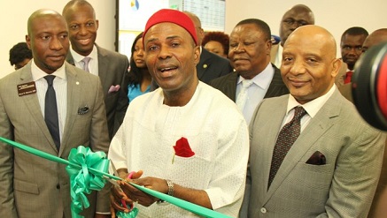 (L –r): Oscar Onyema, chief executive officer, The Nigerian Stock Exchange (NSE); Ade Bajomo, executive director, Market Operations and TechnologyNSMinister of Science and Technology; Chief Patrick Ezeagu, chairman, Association of Stockbroker Houses of Nigeria (ASHON) and Engr. Mohammed Daggash, National Council Member, NSE at the commissioning of The NSE Data Centre today at the Exchange.