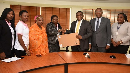 (R-l): Tony Ojobo, director, Public Affairs NCC made the presentation on behalf of the EVC, to NWIIT as received by Dr. Florence Babalola, national president, flanked by officials of both NCC and NWIIT.