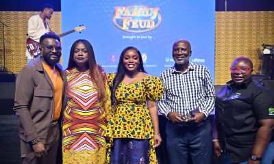 L-R: Music Producer, Temitayo Ibitoye (Tee-Y Mix); Acting Chief Digital Officer, MTN Nigeria, Aisha Umar Mumuni; Host, Family Feud Nigeria, Bisola Aiyeola; Chief Executive Officer, Ultima Studios, Femi Ayeni, and Corporate Digital Brand Manager, Flour Mills of Nigeria, Omoefe Ohworakpo at the Family Feud Premier Event at Ultima Studios, Lagos, on Monday, October 3, 2022.