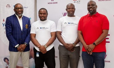 Chief Information Officer, Wema Bank, Mr Adeoluwa Akomolafe; Vincent Ezeora - Head, Marketing and Sales HealthConnect 247, Mr. Vincent Ezeora; Dr Folarin Olasogba - Chief Medical Officer, HealthConnect 247 , Dr. Folarin Olasogba; and Mr Olusegun Adeniyi - The Chief Digital Officer, Wema Bank, Mr. Olusegun Adeniyi, at the launch of the Health Connect 24/7 X ALAT partnership in Lagos
