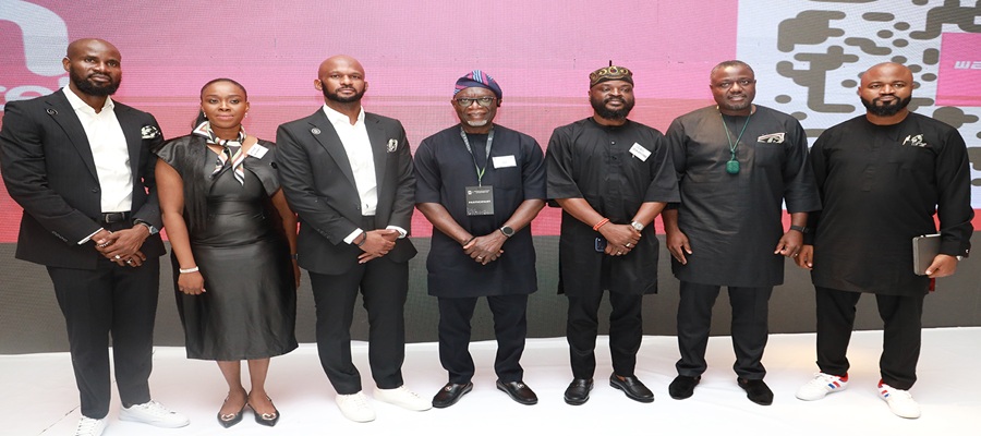 L-R; Chief Operating Officer/Executive Director, Natcom Development Investment Ltd trading as ntel, Afolabi Oladunjoye; Head of Corporate Communications, ntel, Ariyike Akinbobola; MD/CEO of ntel, Mr. Soji Maurice-Diya; Managing Director, Asset Management Company of Nigeria (AMCOM), Mr. Gbenga Alade; Chairman, Nigerian Communications Commission (NCC), Chief Idris Olorunnimbe and Chairman, ntel, Mr. Adeleke Alex-Adedipe, during the relaunch of ntel business in Lagos on Monday evening